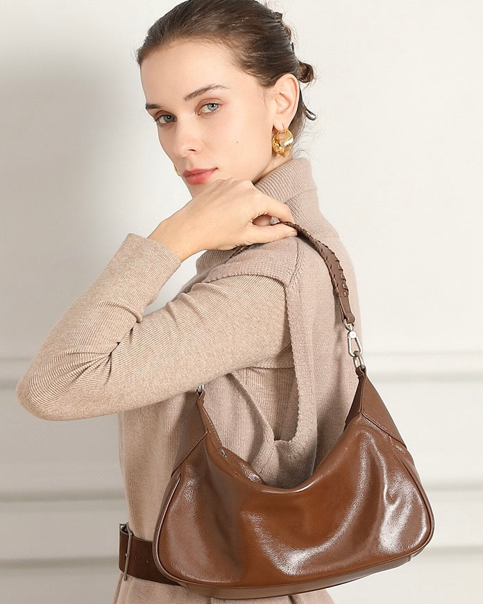 Braided-Handle Genuine Saddle Leather Hobo Bag for Refined Elegance