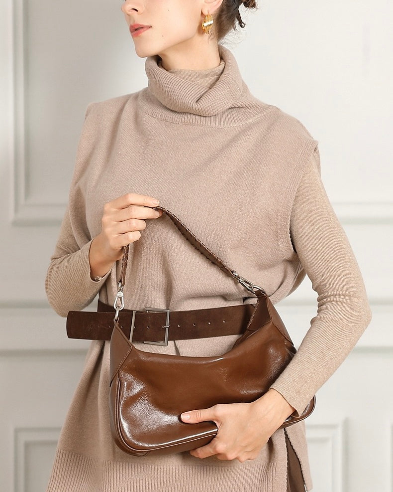 Braided-Handle Genuine Saddle Leather Hobo Bag for Refined Elegance