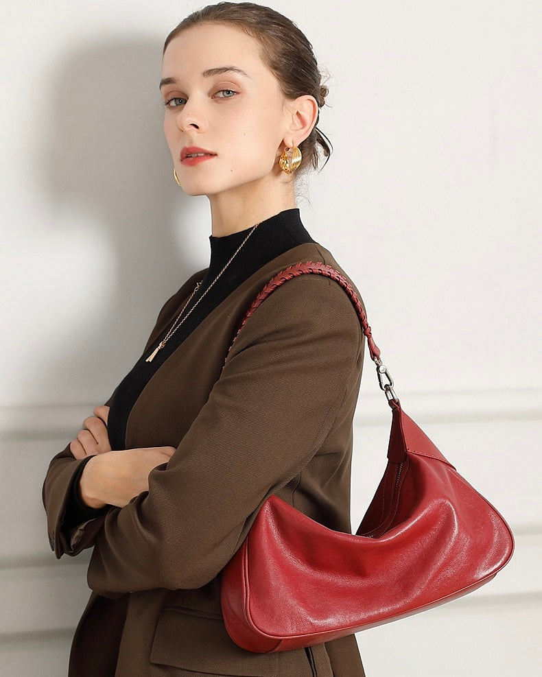 Braided-Handle Genuine Saddle Leather Hobo Bag for Refined Elegance