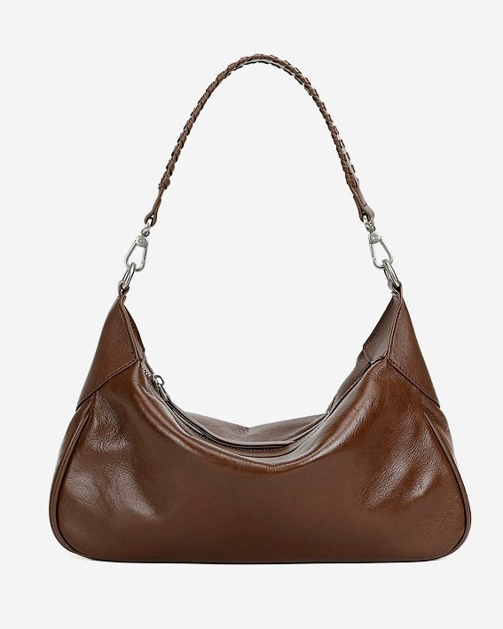 Braided-Handle Genuine Saddle Leather Hobo Bag for Refined Elegance