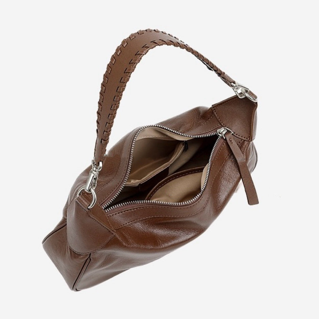 Braided-Handle Genuine Saddle Leather Hobo Bag for Refined Elegance