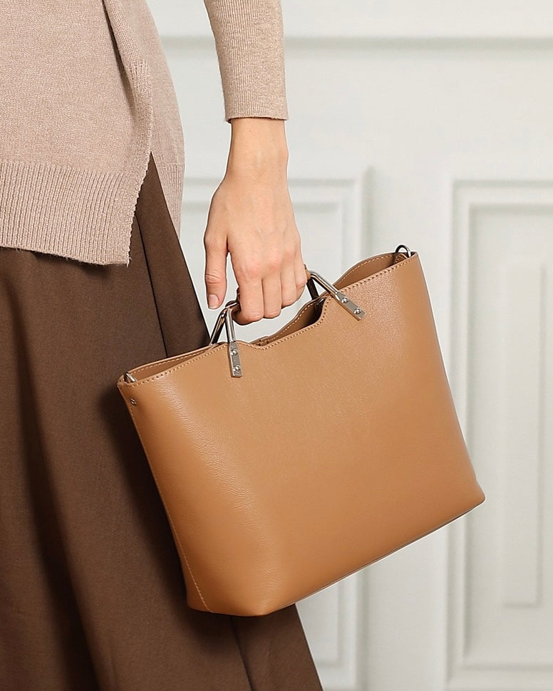 Genuine Leather Minimalist Arch-Handle Crossbody Bag