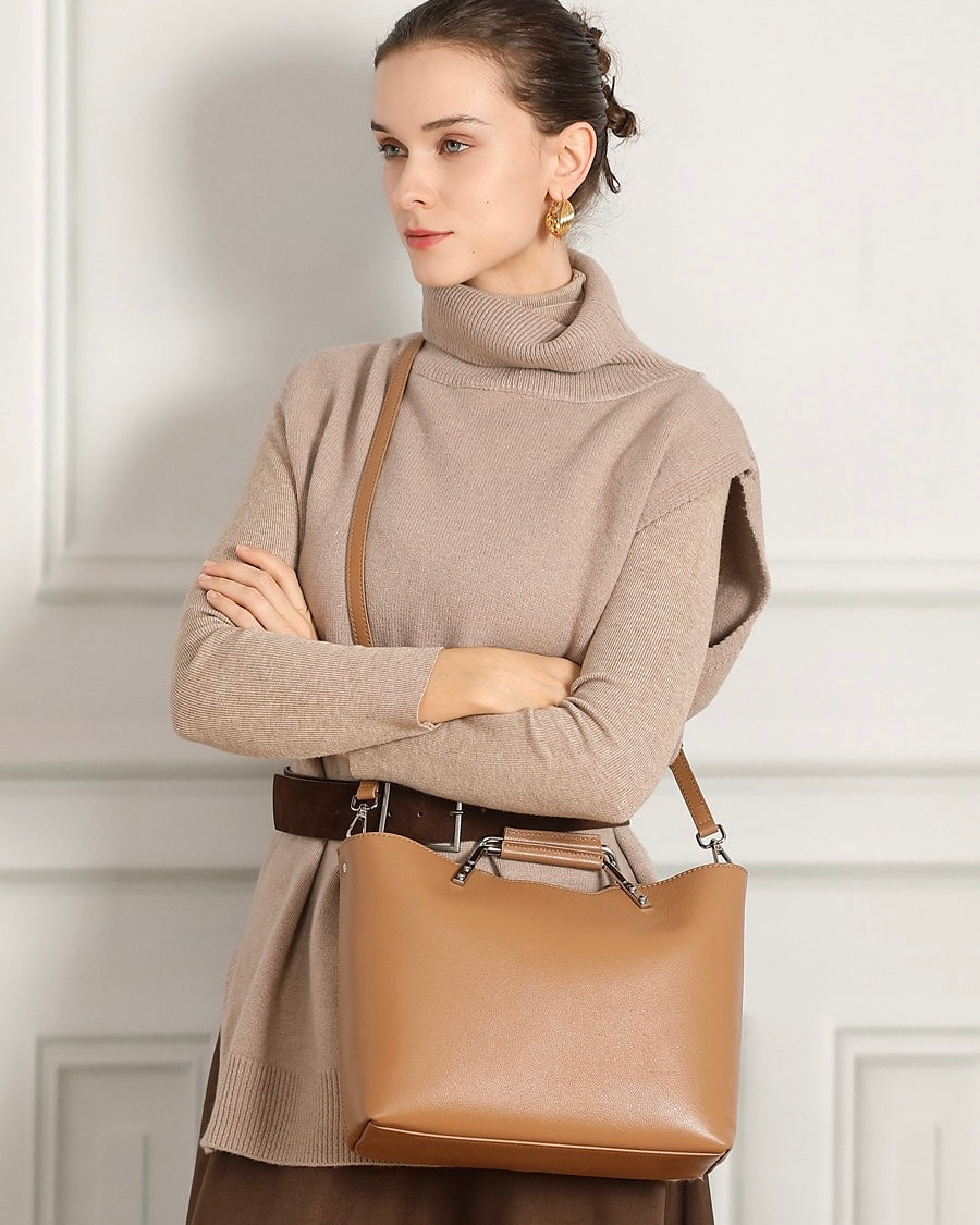 Genuine Leather Minimalist Arch-Handle Crossbody Bag
