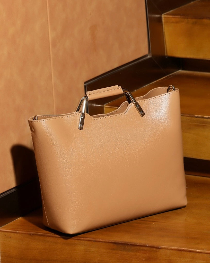 Genuine Leather Minimalist Arch-Handle Crossbody Bag