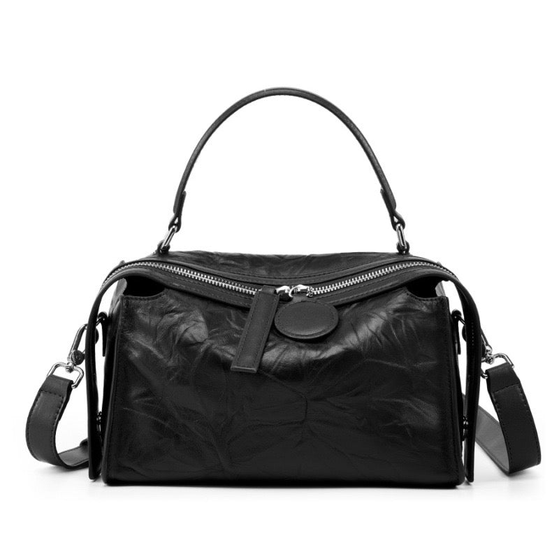 Crinkled Leather Boston Bag: Sophisticated Handheld & Crossbody Elegance