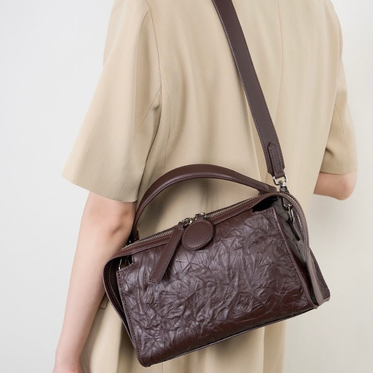 Crinkled Leather Boston Bag: Sophisticated Handheld & Crossbody Elegance