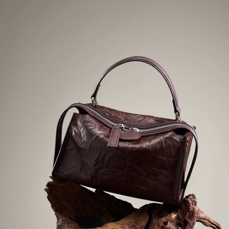Crinkled Leather Boston Bag: Sophisticated Handheld & Crossbody Elegance