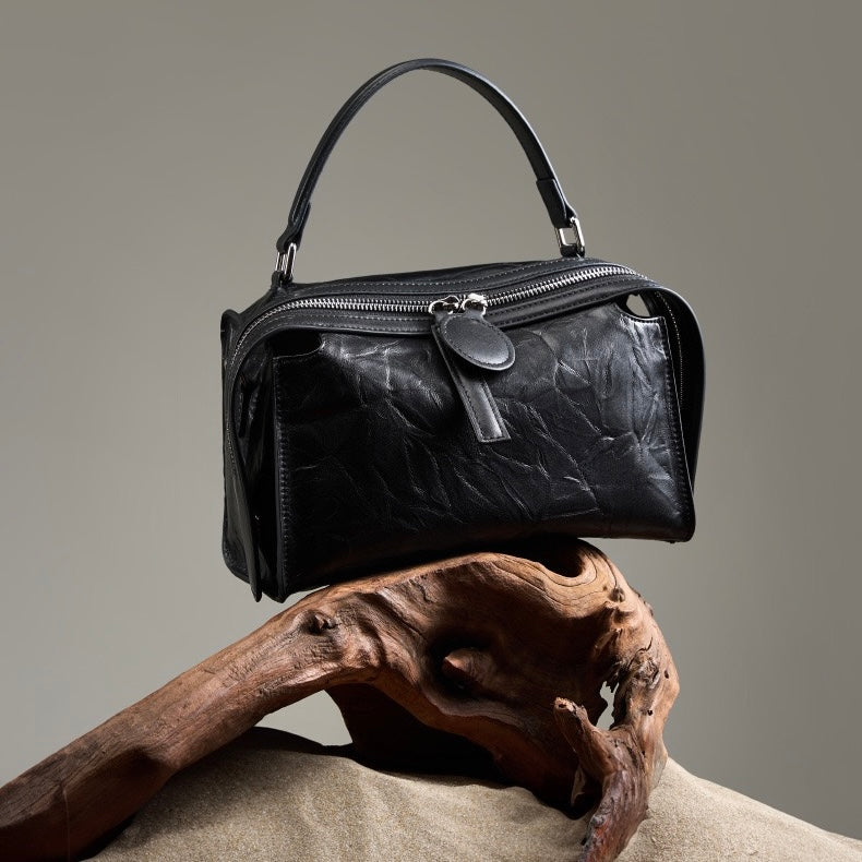 Crinkled Leather Boston Bag: Sophisticated Handheld & Crossbody Elegance