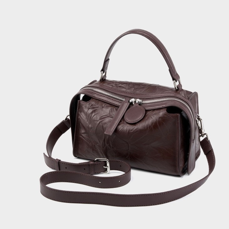 Crinkled Leather Boston Bag: Sophisticated Handheld & Crossbody Elegance