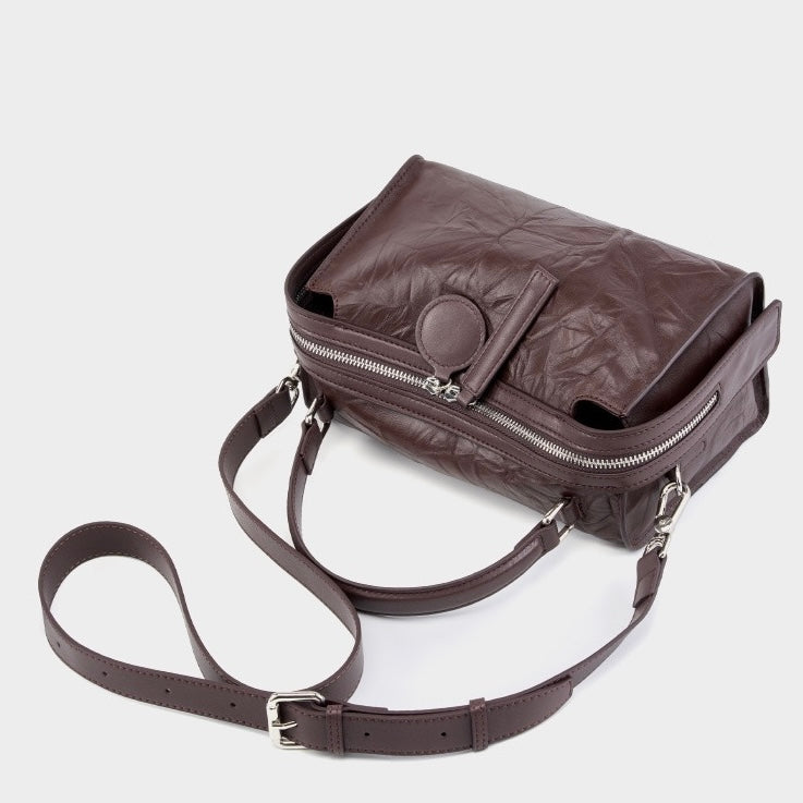 Crinkled Leather Boston Bag: Sophisticated Handheld & Crossbody Elegance