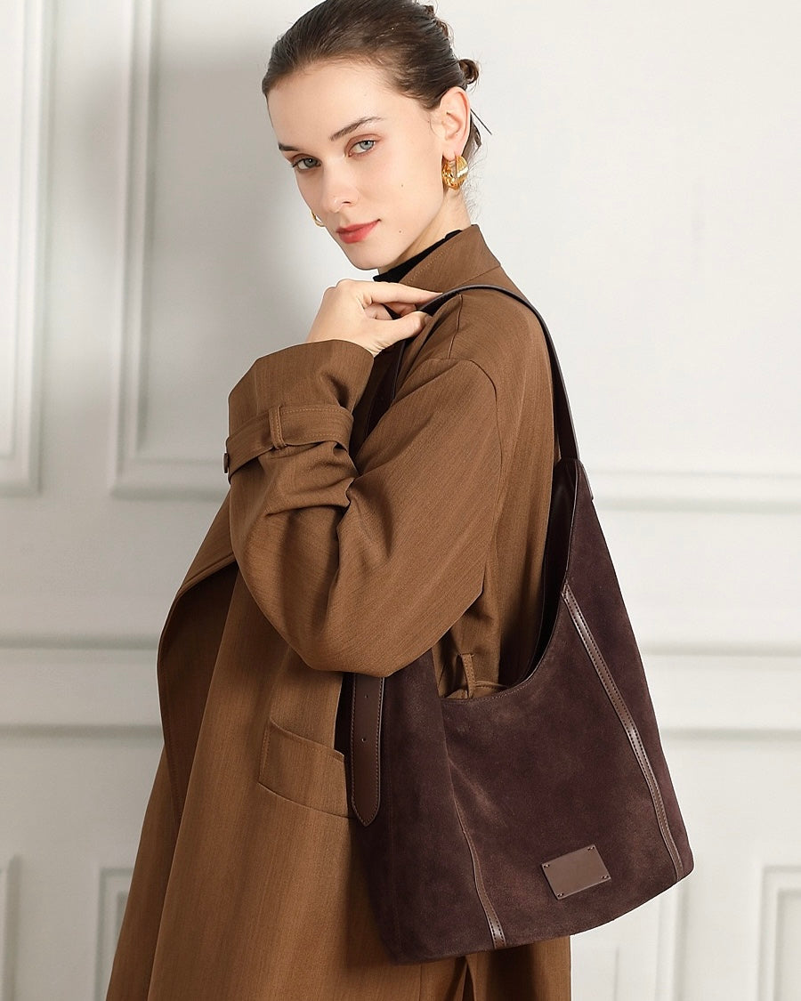 Suede Structured Hobo Bag with Elegant Contrast Stitching