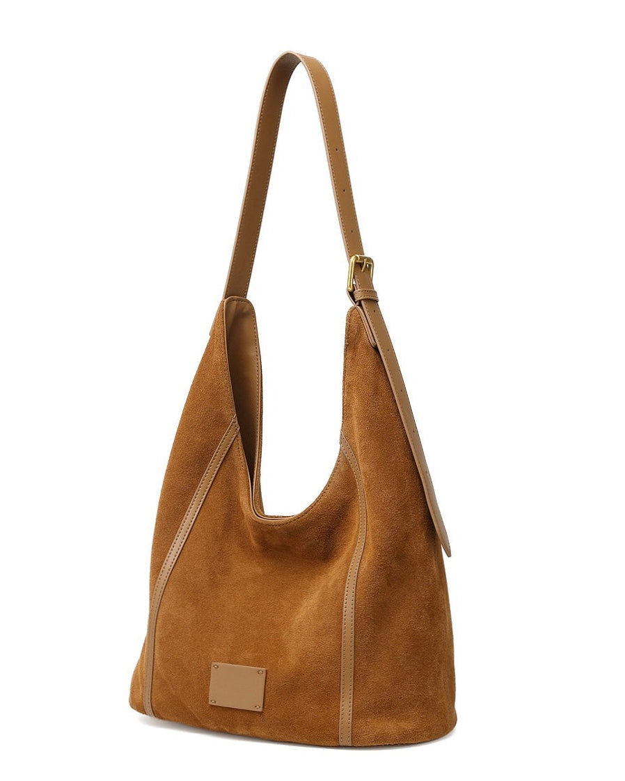 Suede Structured Hobo Bag with Elegant Contrast Stitching