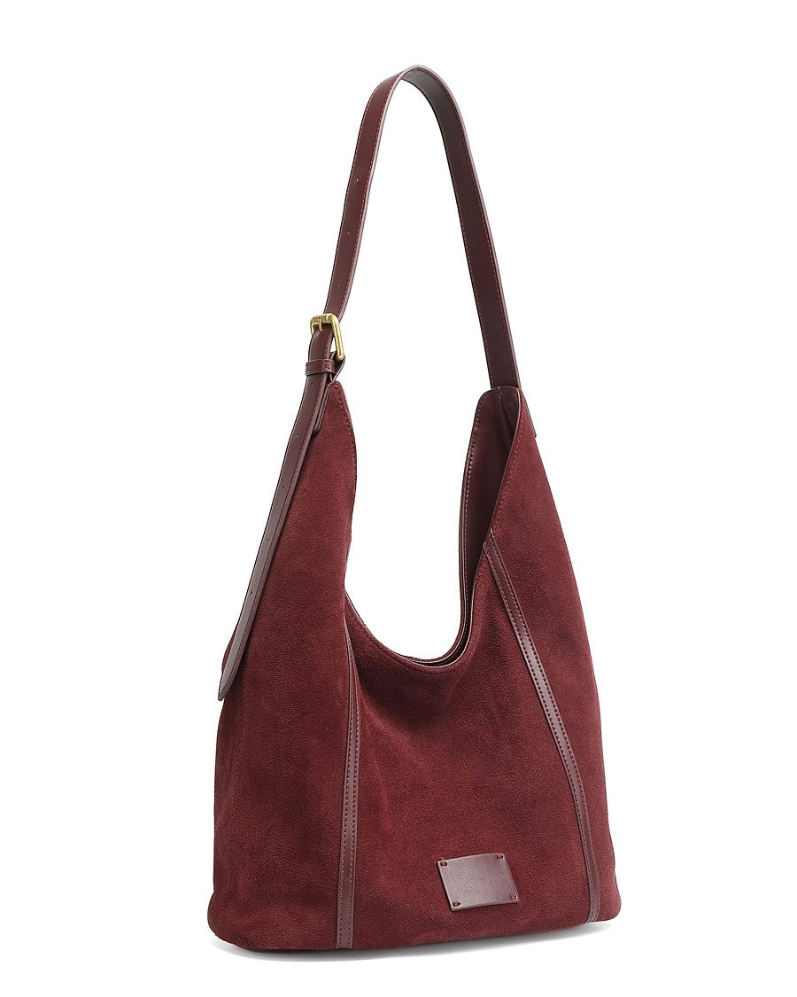 Suede Structured Hobo Bag with Elegant Contrast Stitching