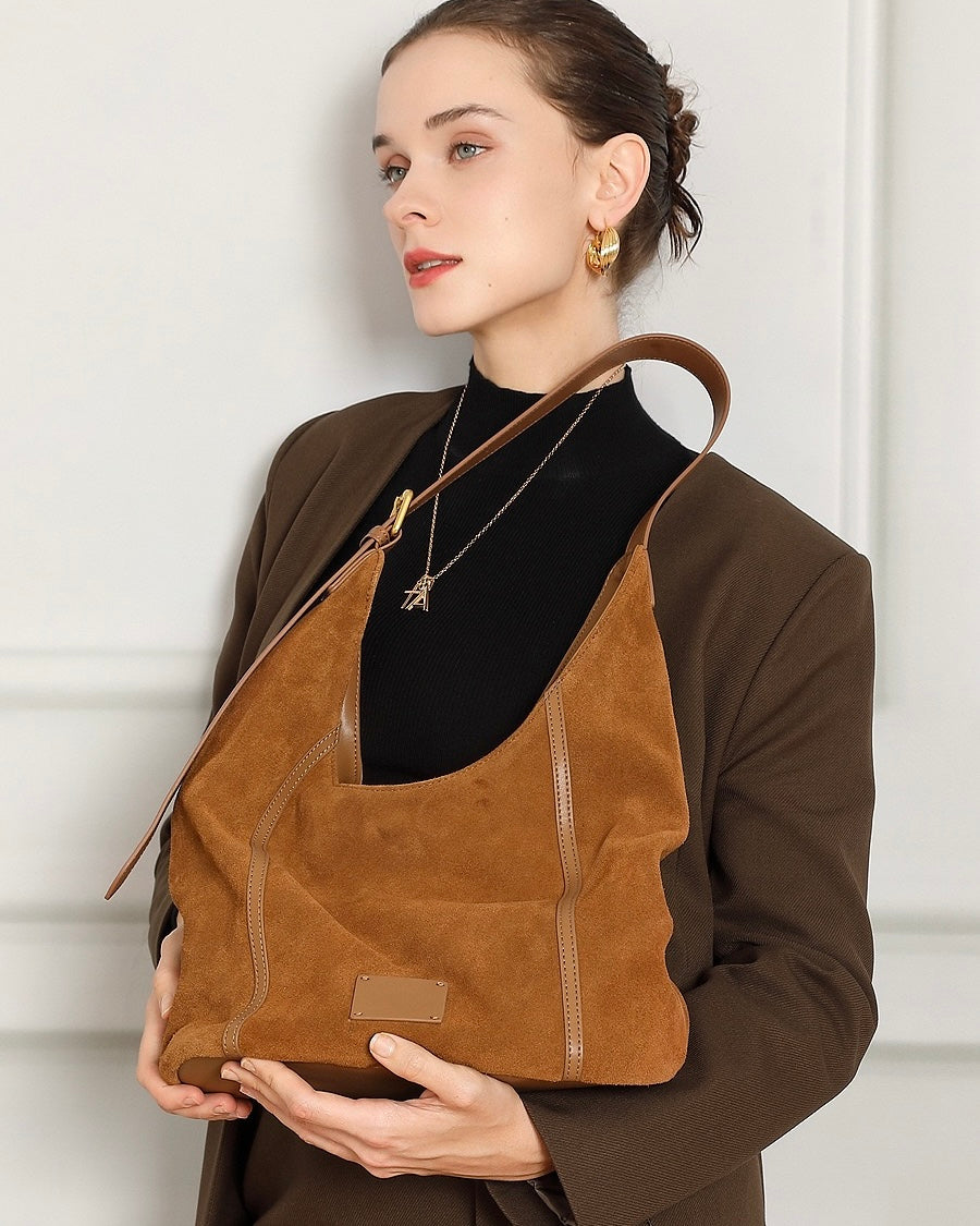 Suede Structured Hobo Bag with Elegant Contrast Stitching