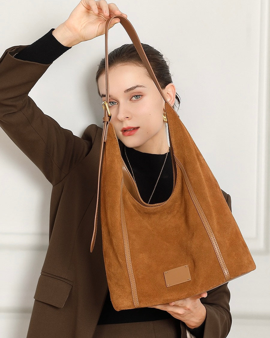 Suede Structured Hobo Bag with Elegant Contrast Stitching