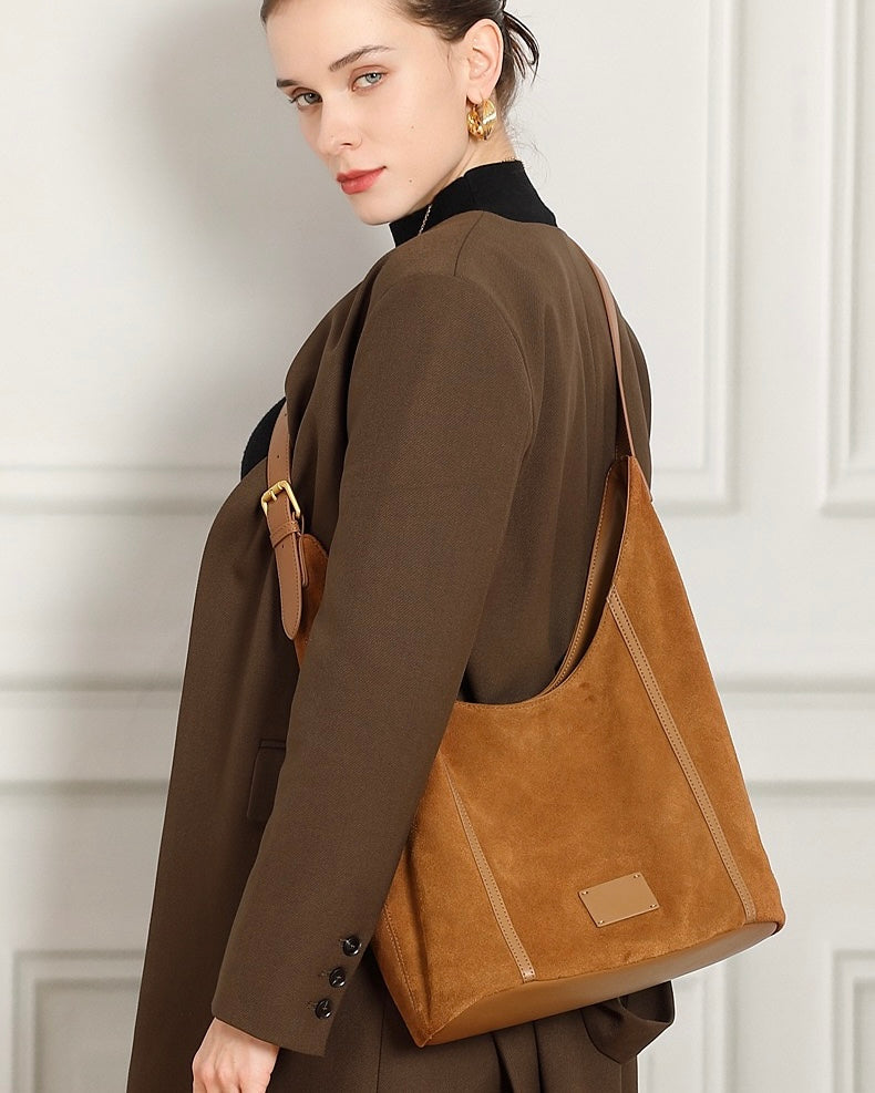 Suede Structured Hobo Bag with Elegant Contrast Stitching