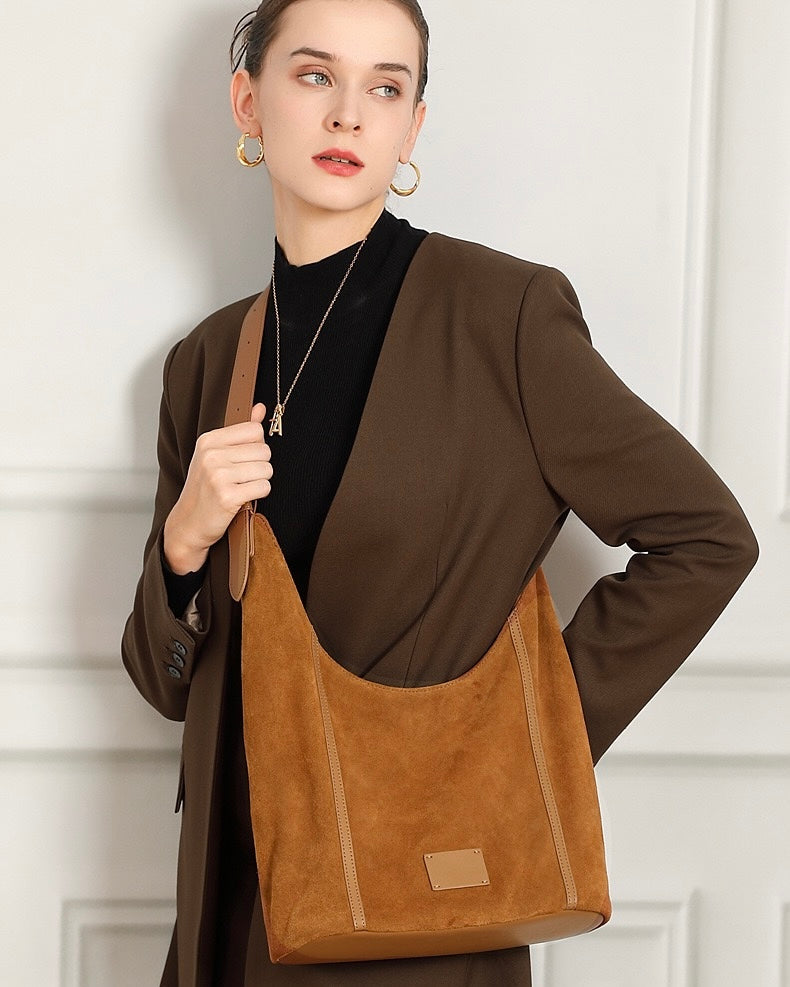 Suede Structured Hobo Bag with Elegant Contrast Stitching