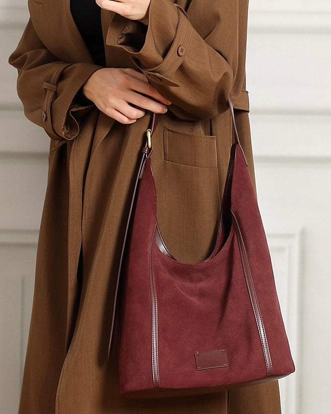 Suede Structured Hobo Bag with Elegant Contrast Stitching