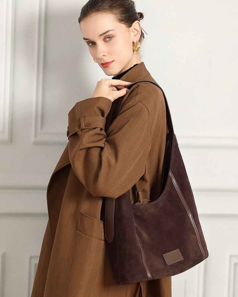 Suede Structured Hobo Bag with Elegant Contrast Stitching
