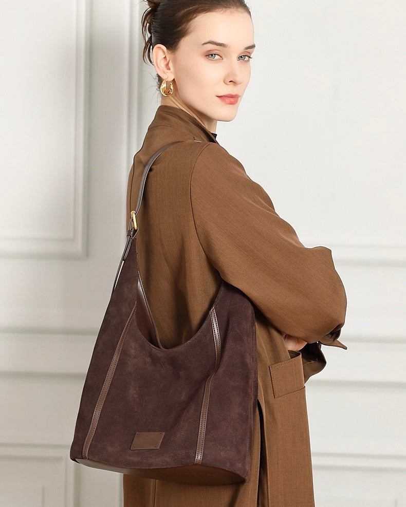 Suede Structured Hobo Bag with Elegant Contrast Stitching