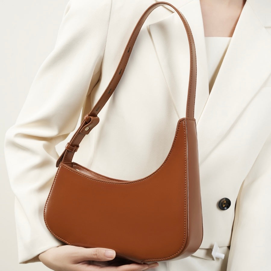 Genuine Leather Minimalist Half Moon Baguette Bag