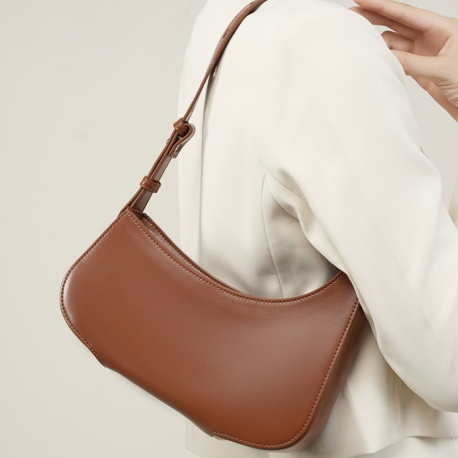Genuine Leather Minimalist Half Moon Baguette Bag