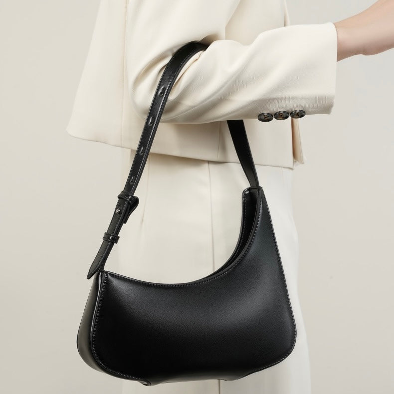Genuine Leather Minimalist Half Moon Baguette Bag