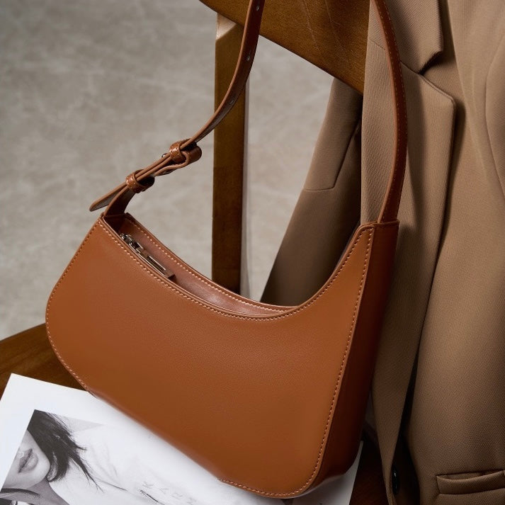 Genuine Leather Minimalist Half Moon Baguette Bag