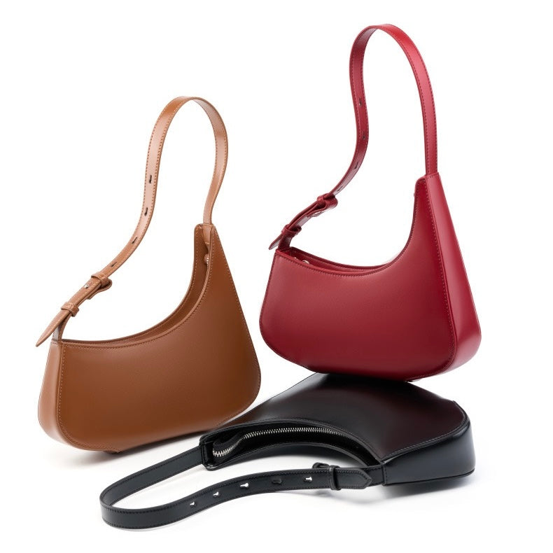 Genuine Leather Minimalist Half Moon Baguette Bag