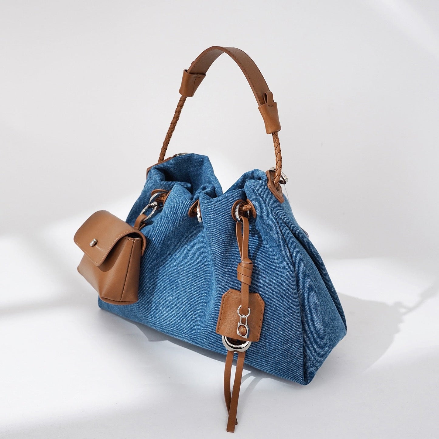 Genuine Leather and Denim Patchwork Hobo Bag