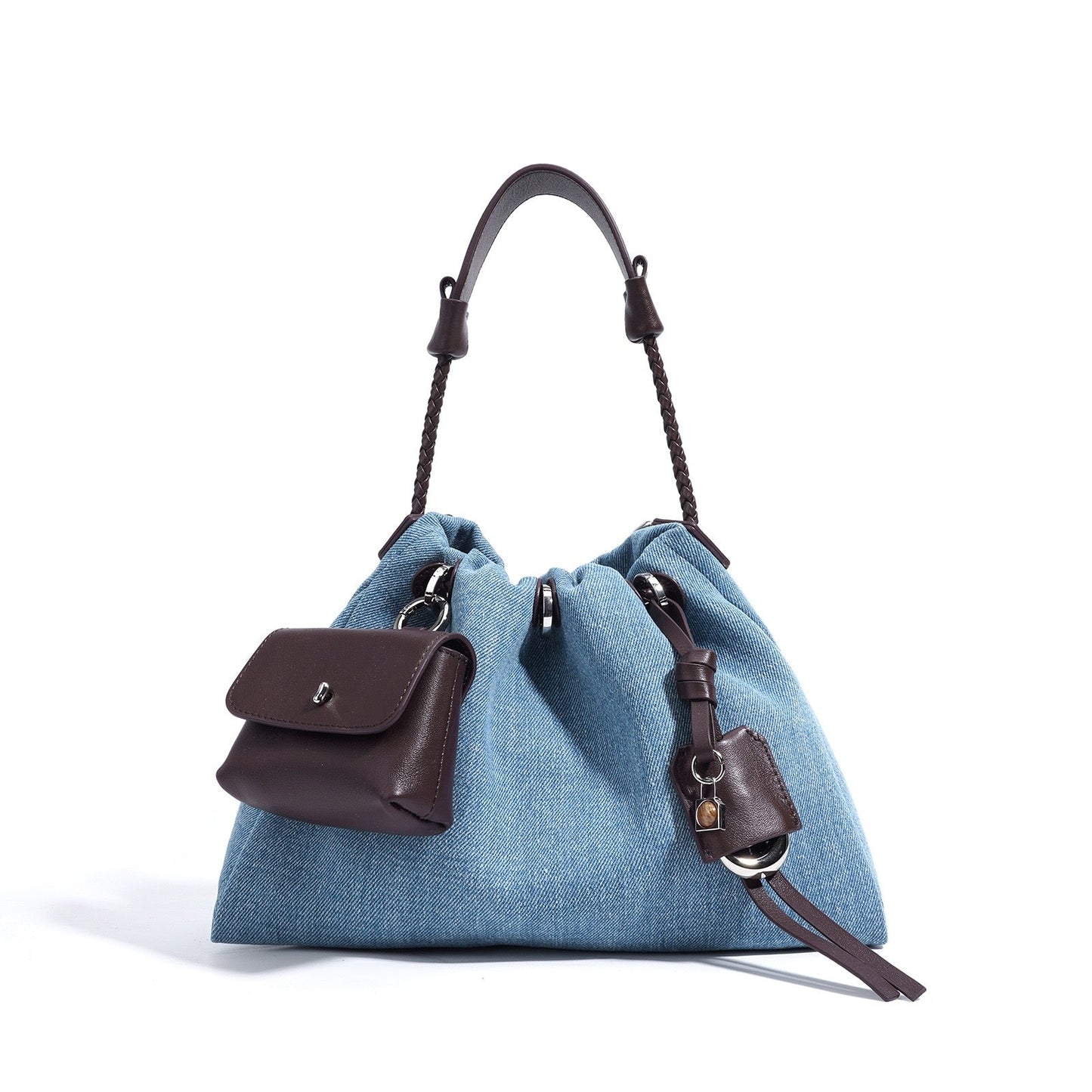 Genuine Leather and Denim Patchwork Hobo Bag