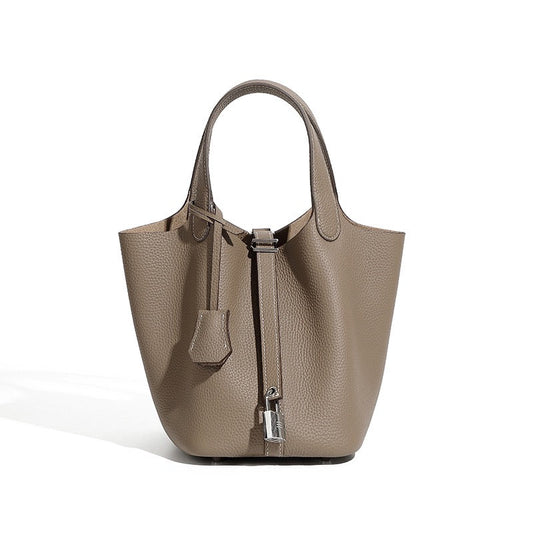 Elegant Women's Leather Basket Bag with Silver Buckle