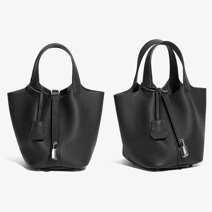 Elegant Women's Leather Basket Bag with Silver Buckle