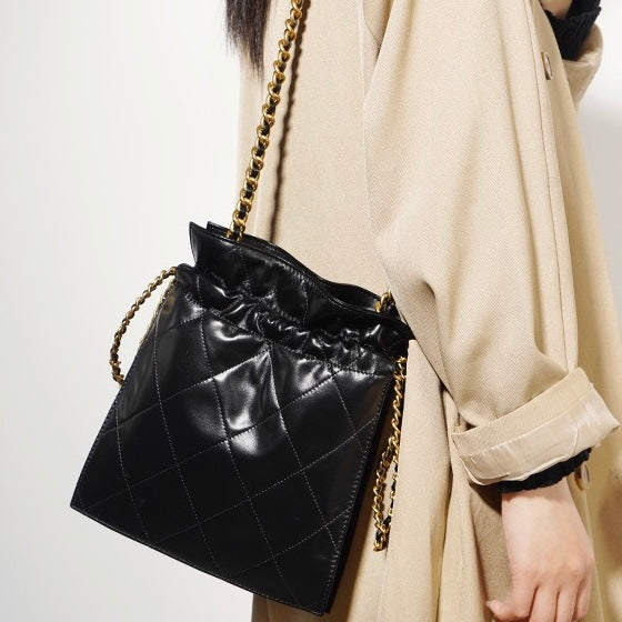 Genuine Leather Quilted Chain Bucket Bag — Effortless Elegance for Every Occasion