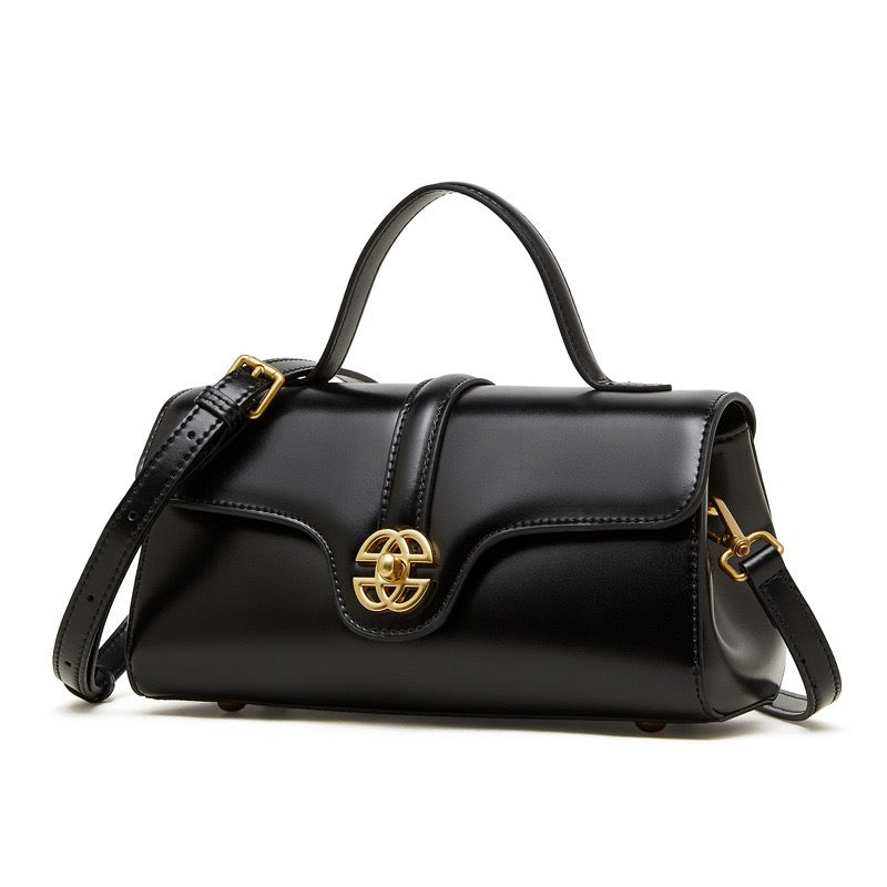 Elegant Genuine Leather Top-Handle Bag with Gilded Lock Closure