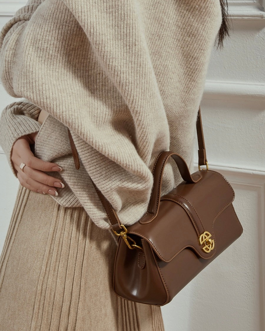 Elegant Genuine Leather Top-Handle Bag with Gilded Lock Closure