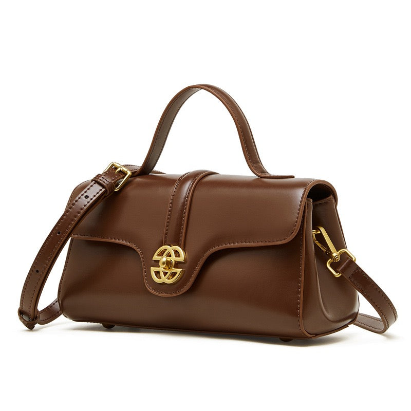 Elegant Genuine Leather Top-Handle Bag with Gilded Lock Closure