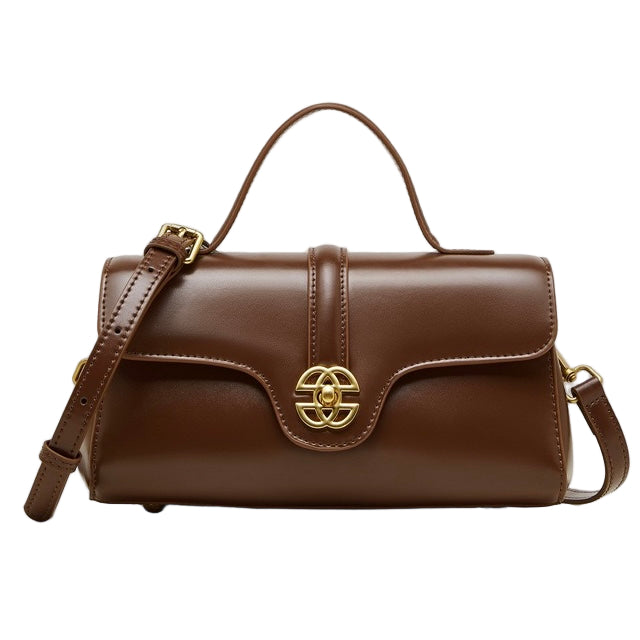 Elegant Genuine Leather Top-Handle Bag with Gilded Lock Closure