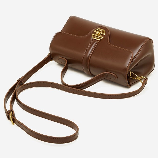Elegant Genuine Leather Top-Handle Bag with Gilded Lock Closure