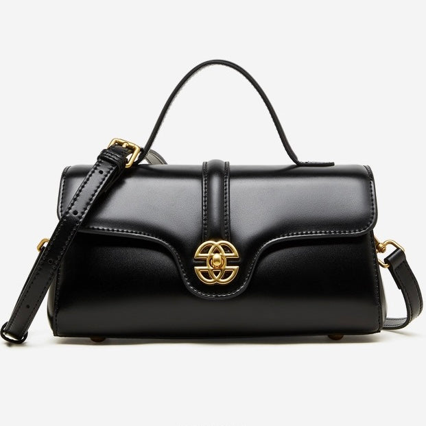 Elegant Genuine Leather Top-Handle Bag with Gilded Lock Closure