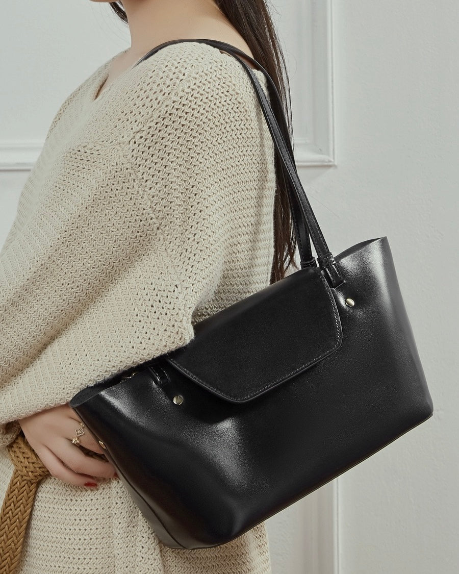 Elegant Genuine Leather Flap Tote with Versatile Straps