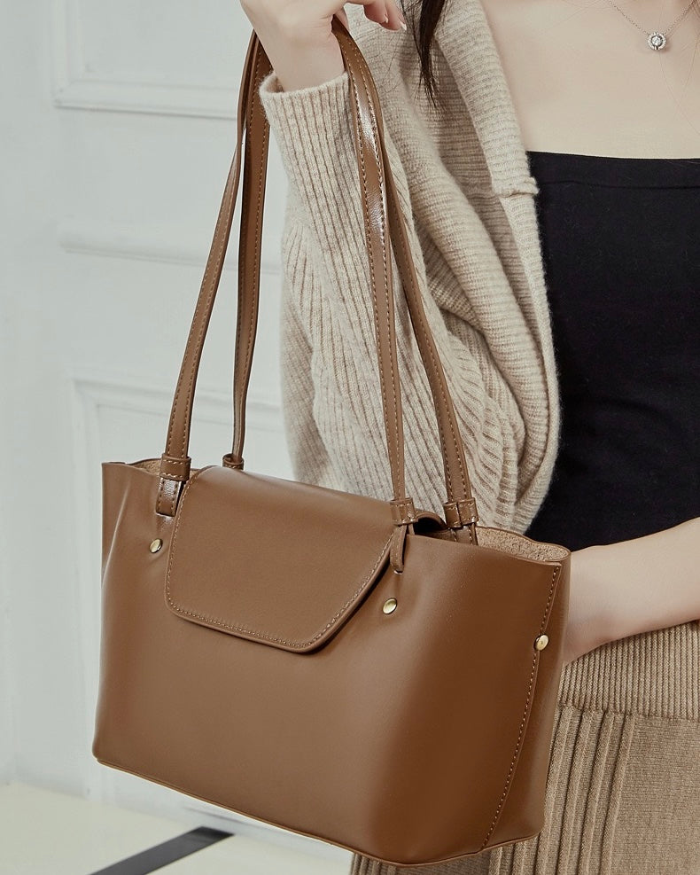 Elegant Genuine Leather Flap Tote with Versatile Straps