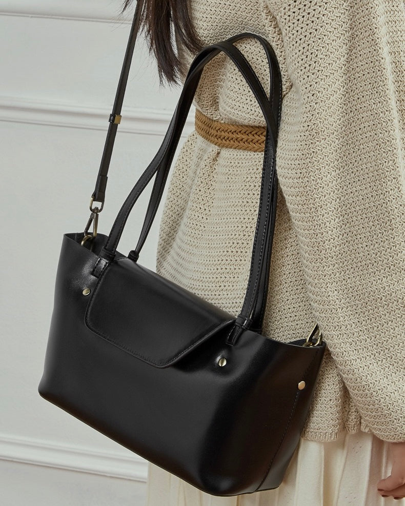 Elegant Genuine Leather Flap Tote with Versatile Straps