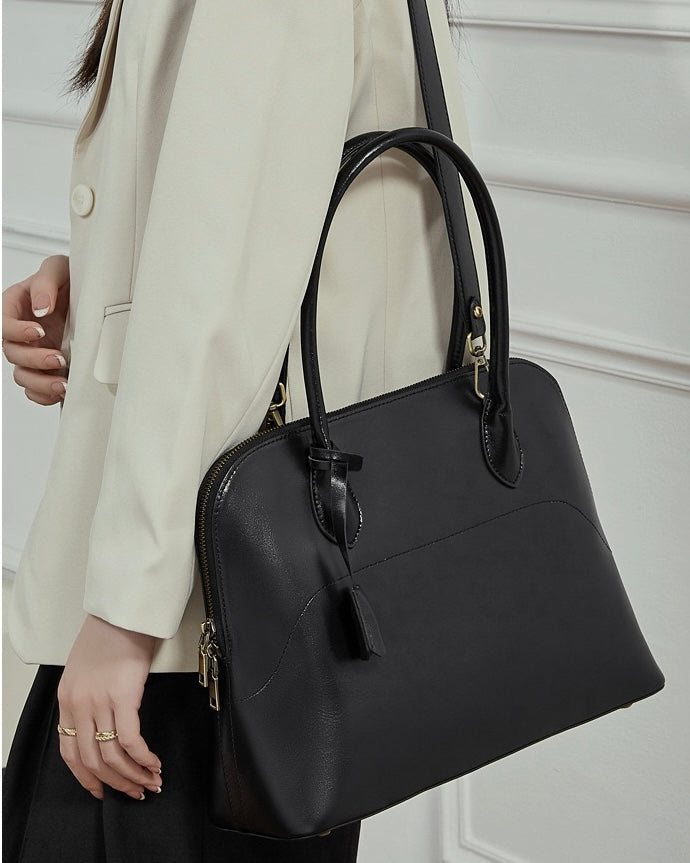 Genuine Leather Dome Satchel with Signature Tassel - Timeless Elegance