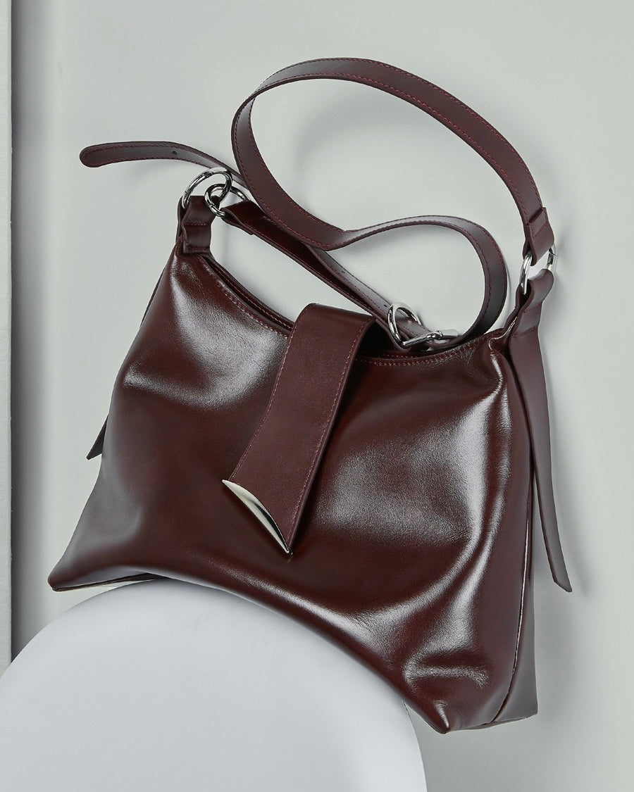 Chic Smooth Leather Hobo Bag with Architectural Hardware
