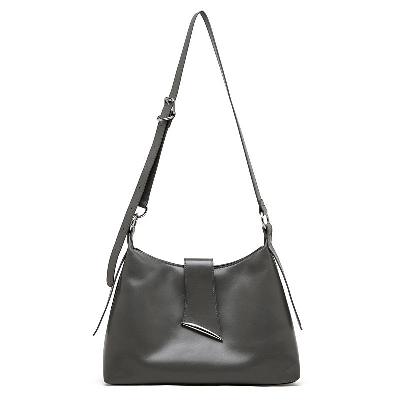 Chic Smooth Leather Hobo Bag with Architectural Hardware