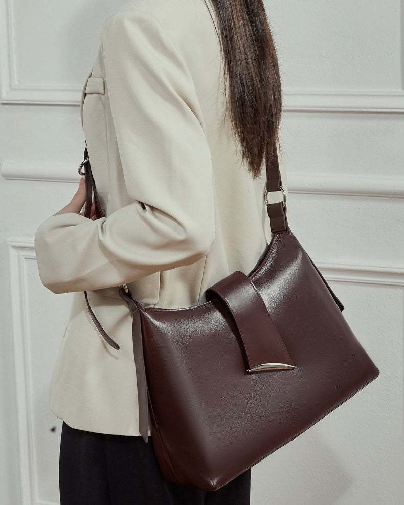 Chic Smooth Leather Hobo Bag with Architectural Hardware