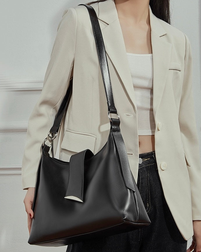 Chic Smooth Leather Hobo Bag with Architectural Hardware