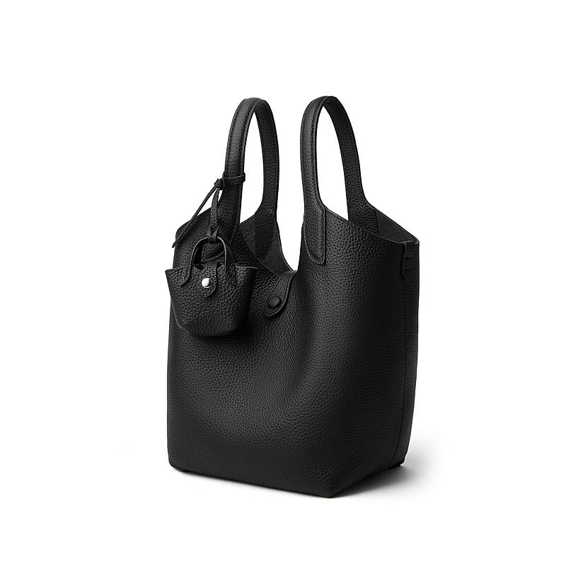 Elegant Pebbled Leather Bucket Bag with Mini Pouch