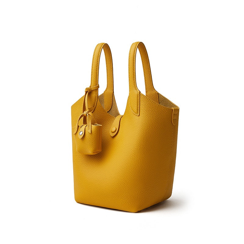 Elegant Pebbled Leather Bucket Bag with Mini Pouch